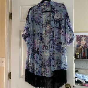Blue Floral Cover Up with Fringe - One Size
